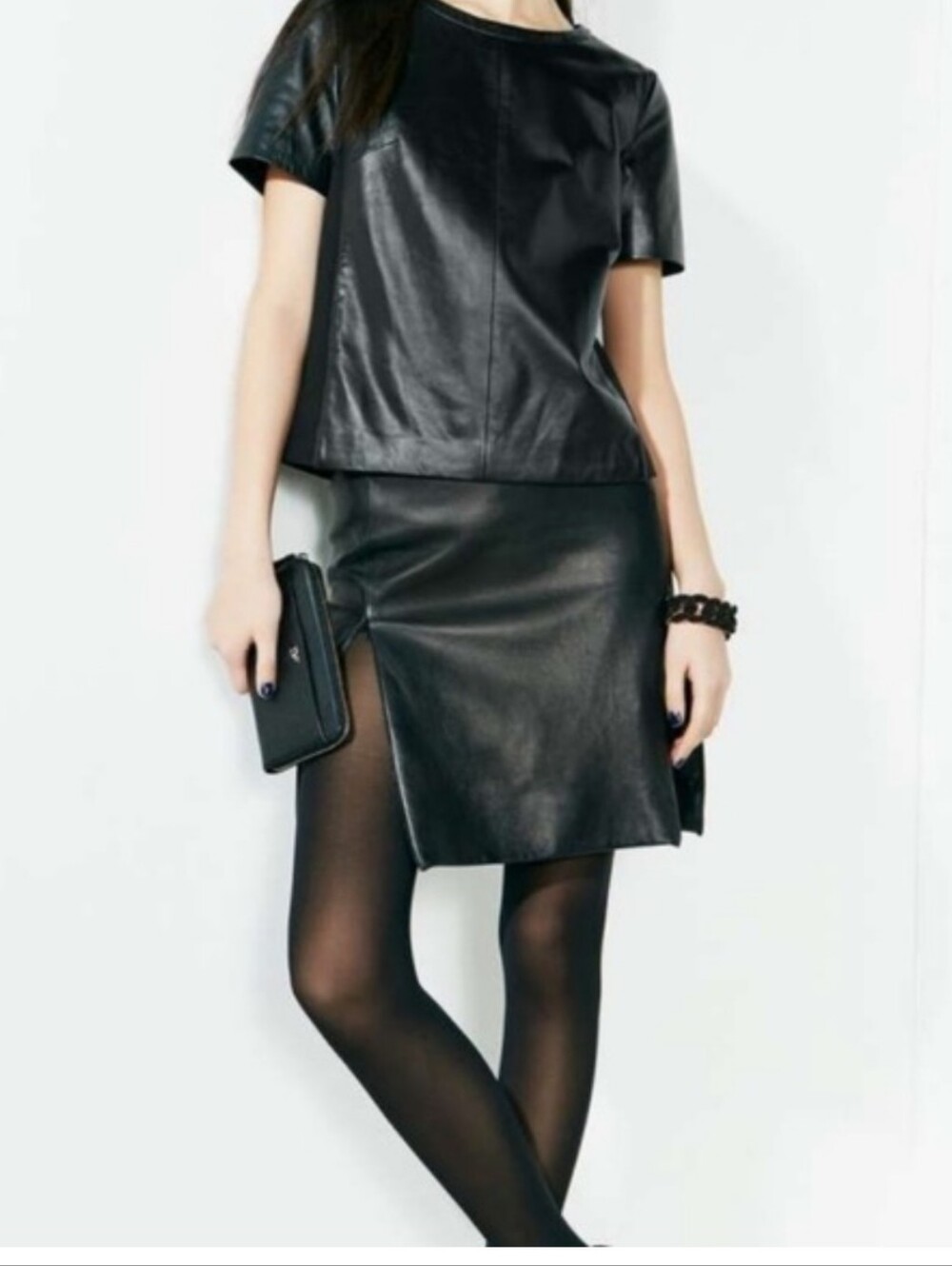 Halogen Womens Black Leather Knit Crew Neck Short Sleeve Zip Back Top Sz M chic